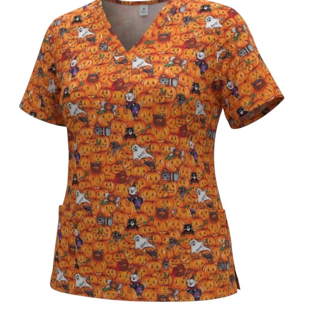 Tafford Halloween Scrub Top XL Orange Pumpkin Ghost Cat V-Neck Medical Uniform